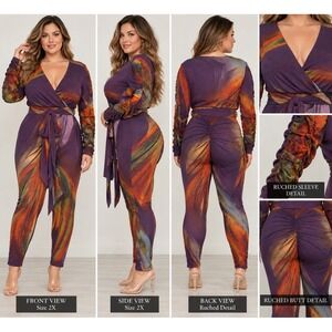 GIBIU USA  Women's Plus Geometric  V-Neck Surplice Long Jumpsuits  2XL Y2K #44